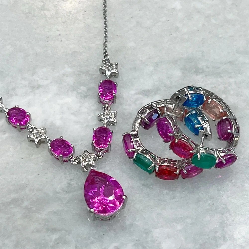 Radiant Orchid Quartz White Zircon Silver V Drop Necklace w/ Extender - Picture 15 of 15
